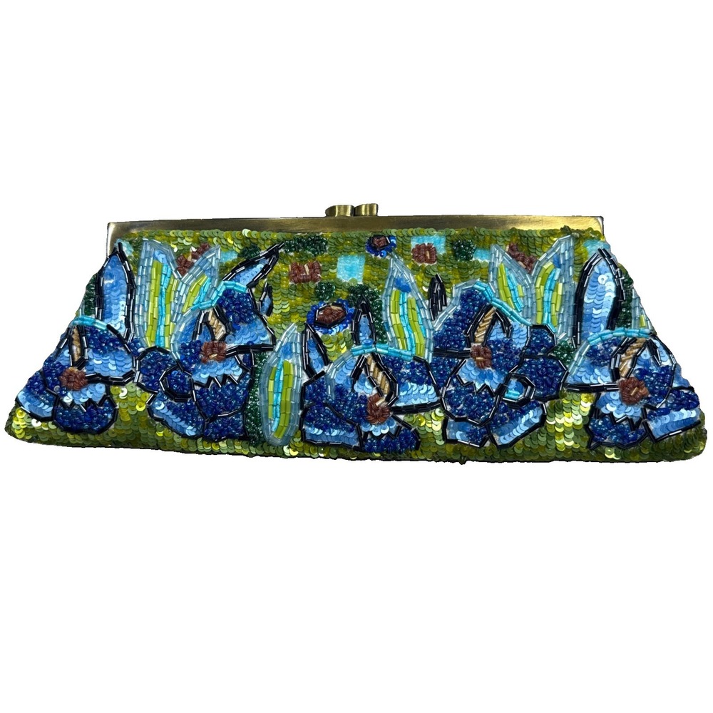 Santi Beaded Sequin Embellished Clutch Purse Blue Green Floral Gold Evening Bag